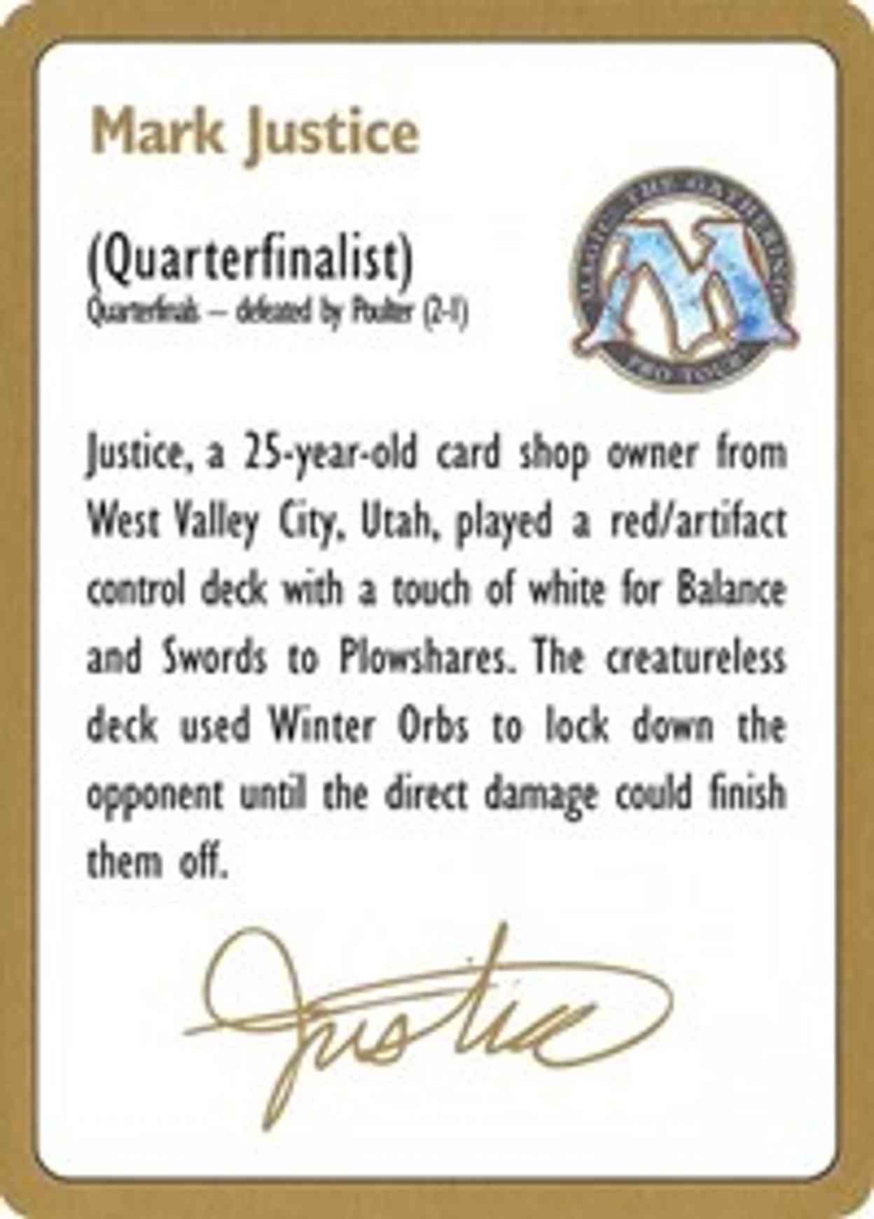 1996 Mark Justice Biography Card magic card front