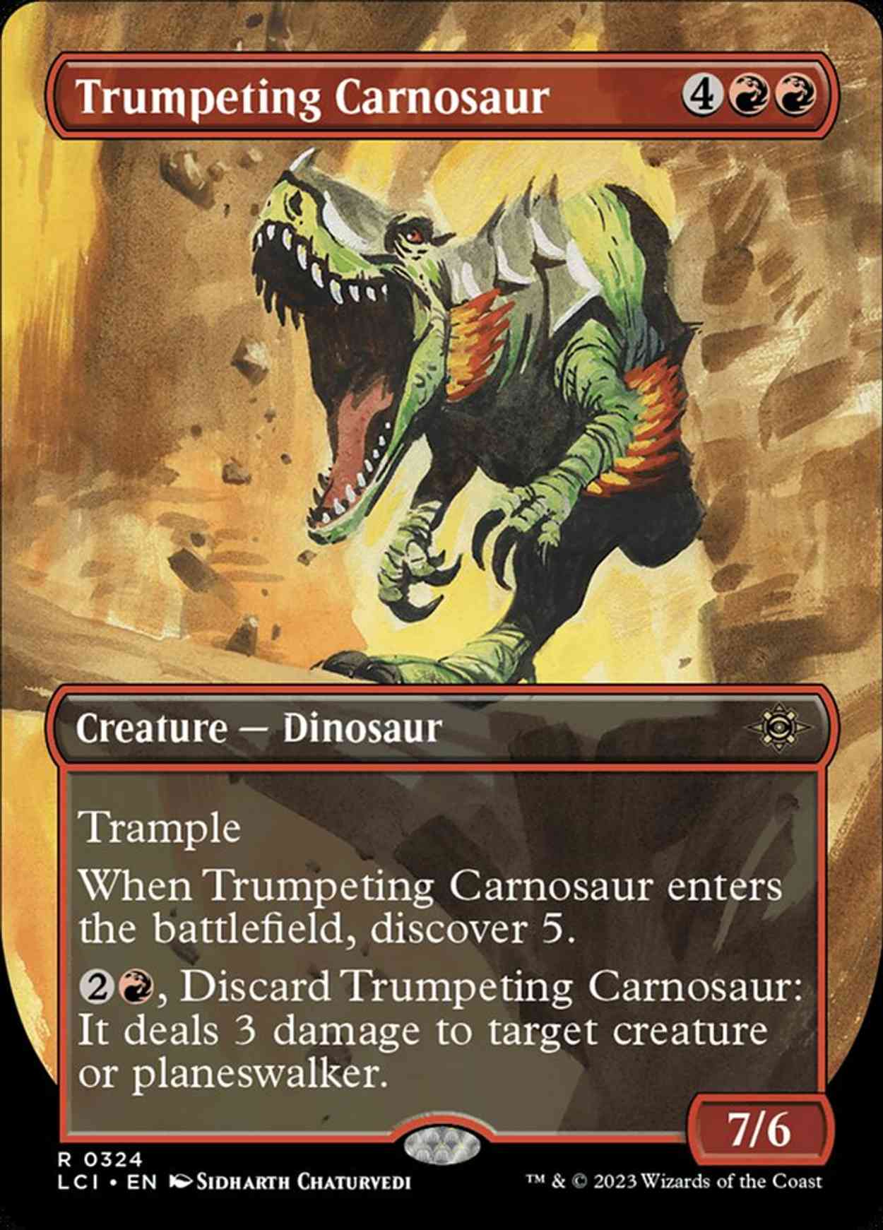 Trumpeting Carnosaur (Borderless) magic card front