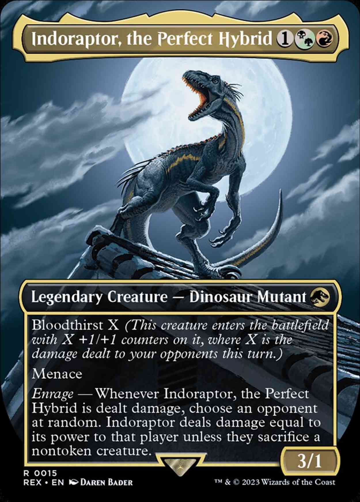 Indoraptor, the Perfect Hybrid (Borderless) magic card front