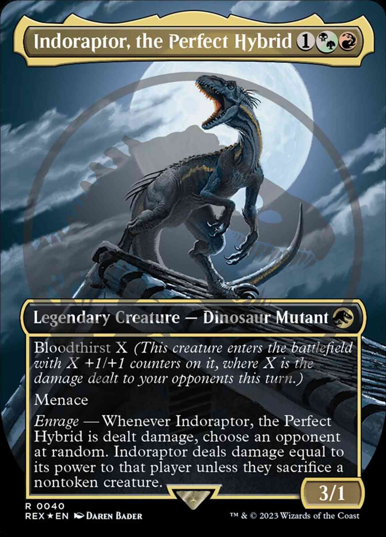 Indoraptor, the Perfect Hybrid (Borderless) (Emblem) magic card front