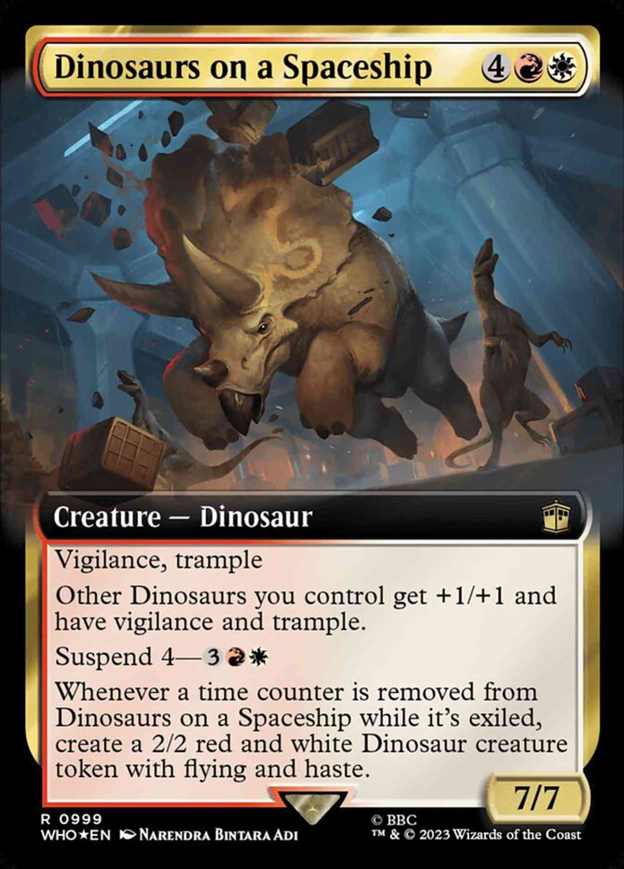 Dinosaurs on a Spaceship (Extended Art) (Surge Foil) magic card front