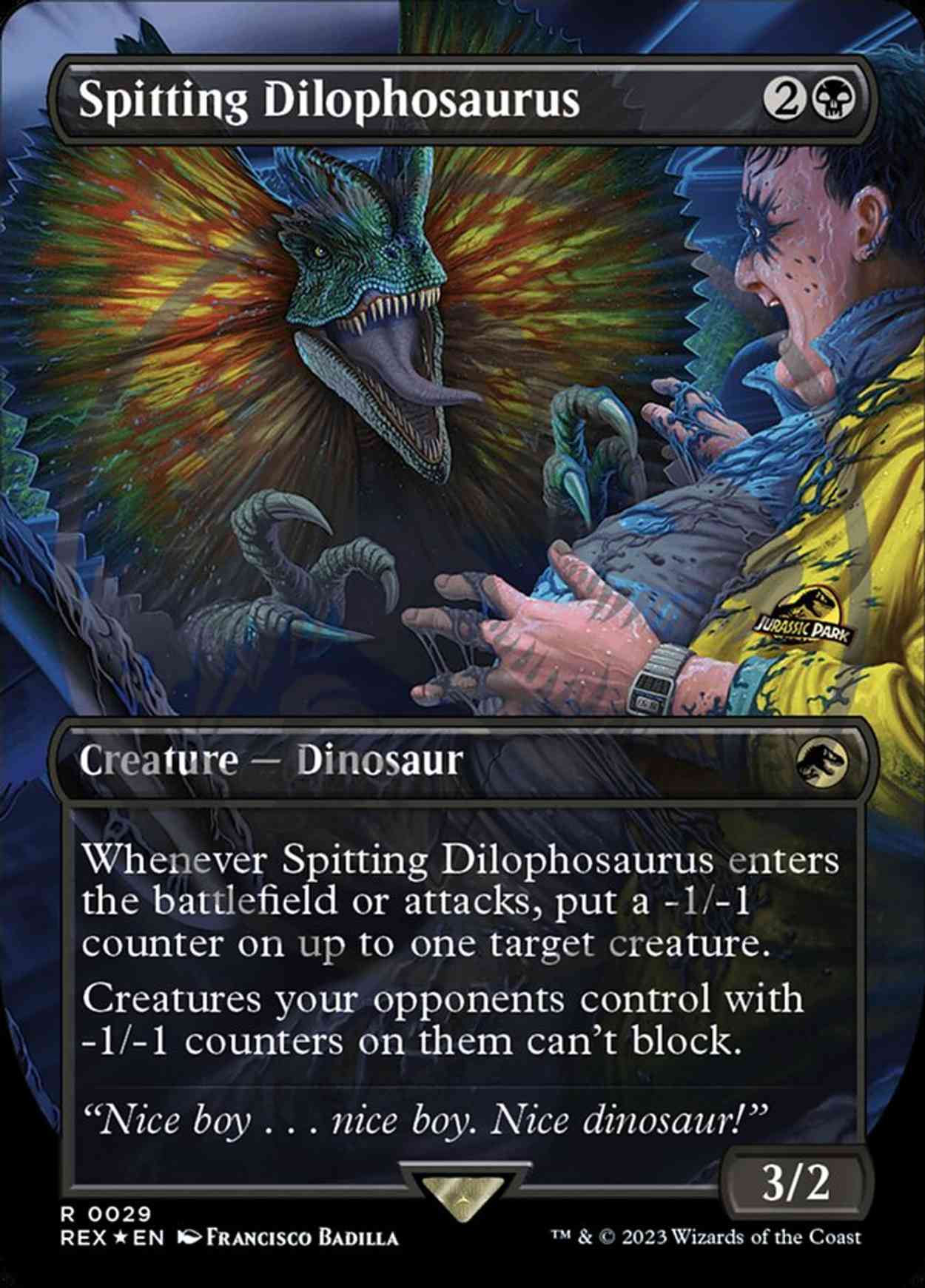 Spitting Dilophosaurus (Borderless) (Emblem) magic card front