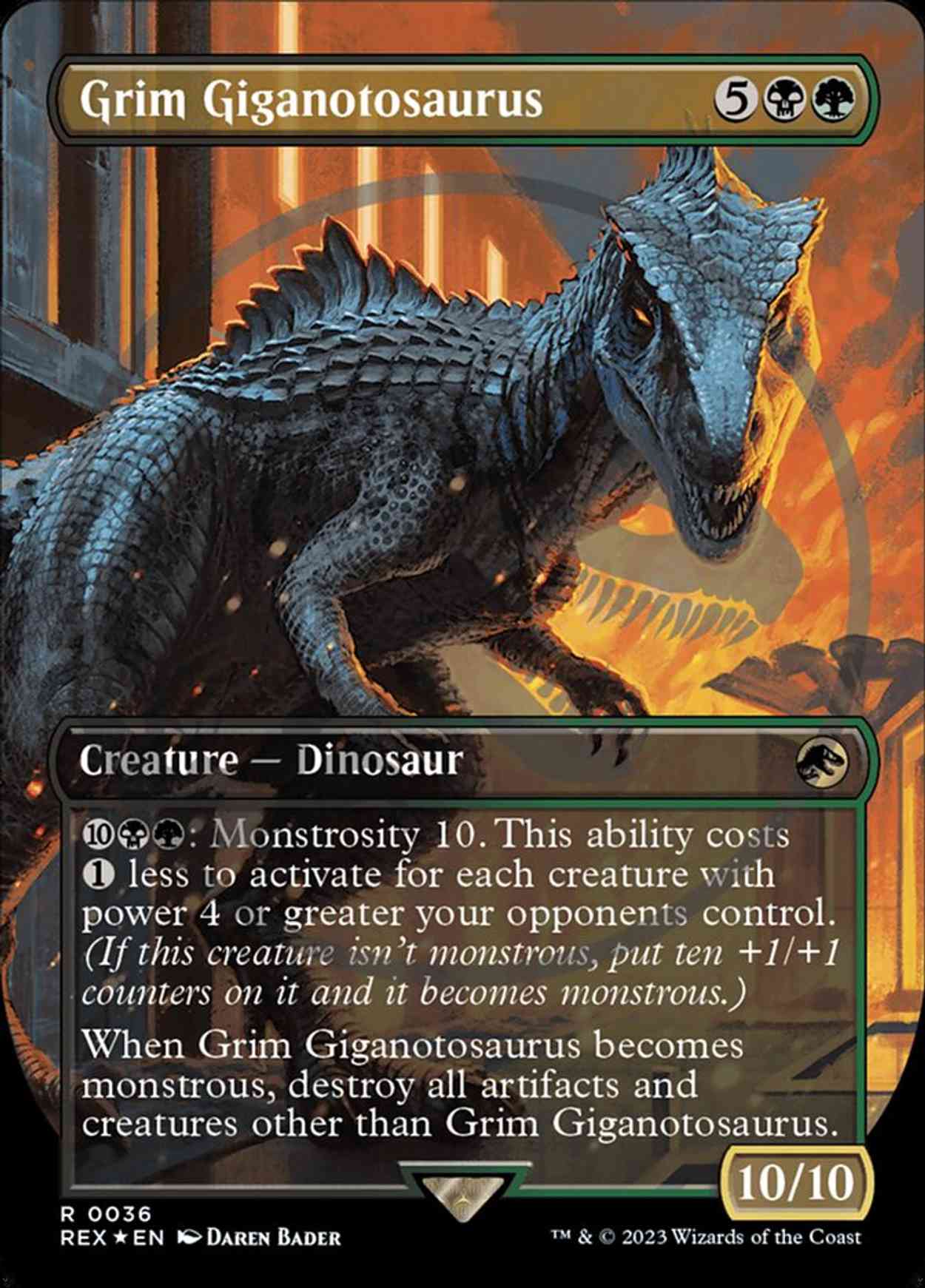 Grim Giganotosaurus (Borderless) (Emblem) magic card front