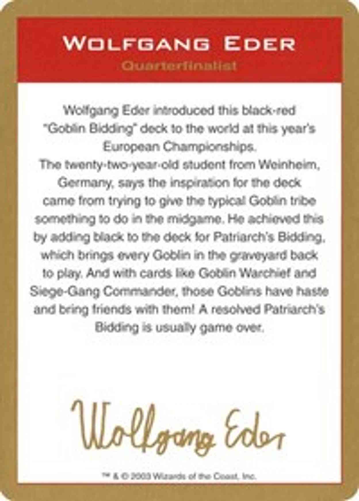 2003 Wolfgang Eder Biography Card magic card front