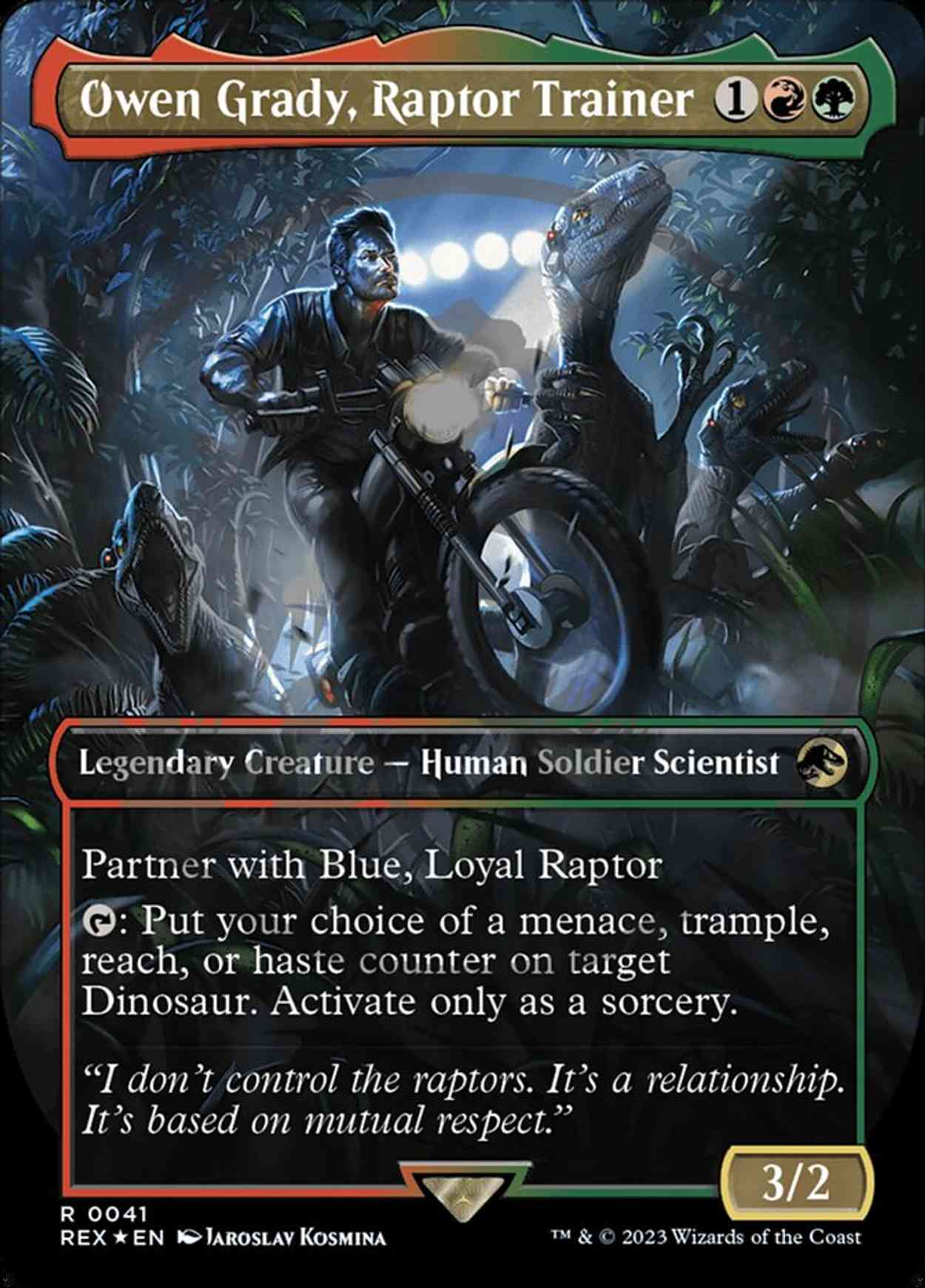 Owen Grady, Raptor Trainer (Borderless) (Emblem) magic card front